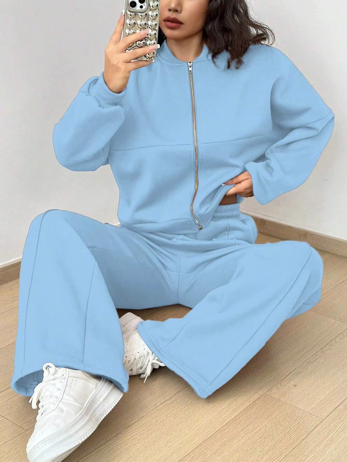 Bomber Jacket & Pants for Women - 2 Piece Set Long Sleeve, Zipper Coat, Sportswear