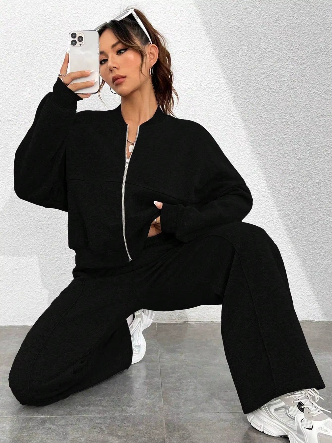 Bomber Jacket & Pants for Women - 2 Piece Set Long Sleeve, Zipper Coat, Sportswear