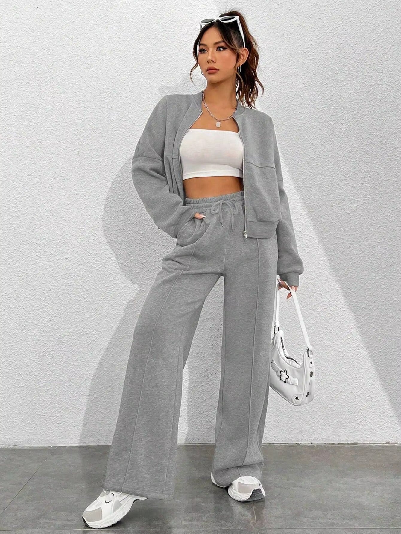 Bomber Jacket & Pants for Women - 2 Piece Set Long Sleeve, Zipper Coat, Sportswear
