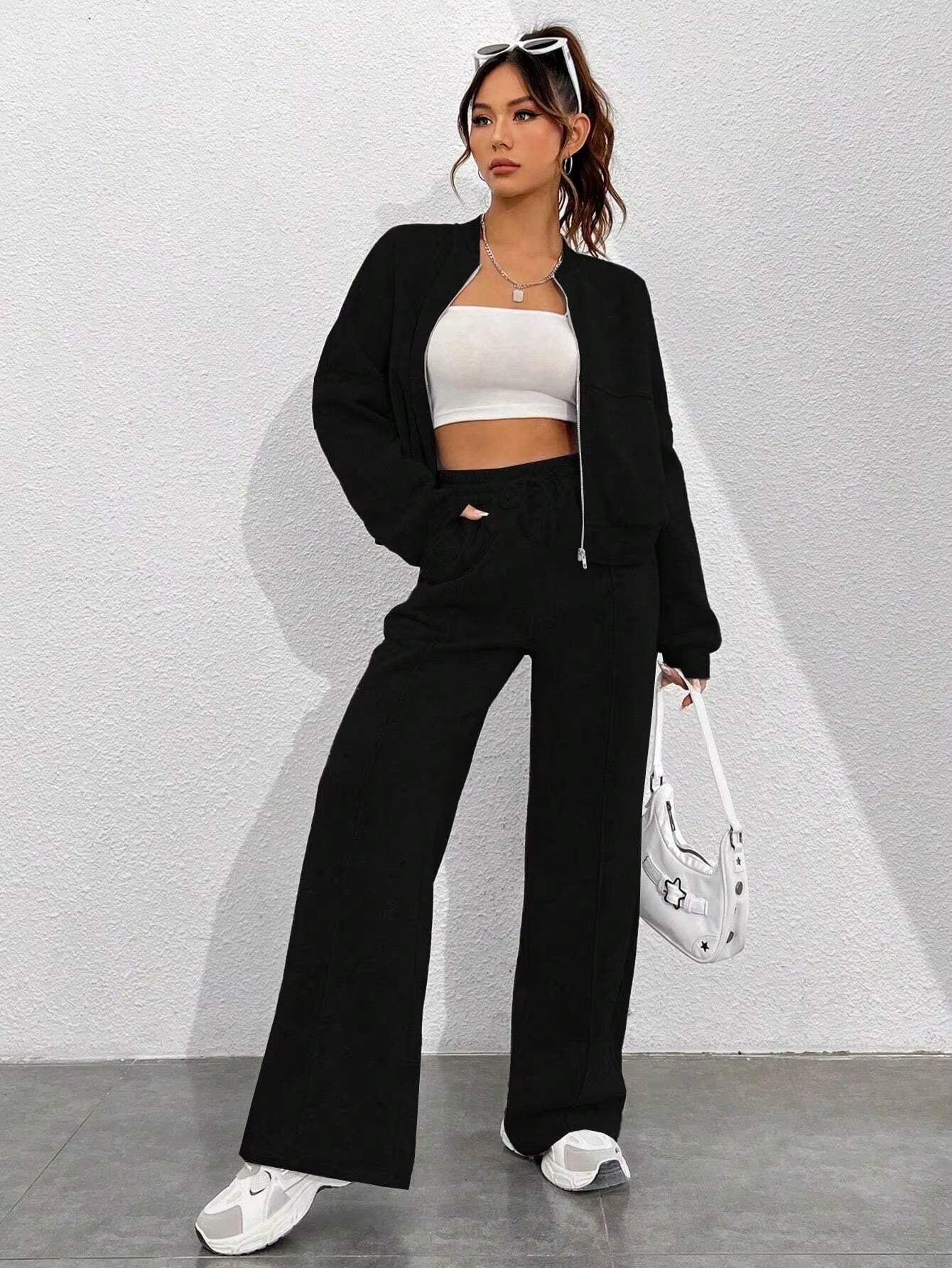 Bomber Jacket & Pants for Women - 2 Piece Set Long Sleeve, Zipper Coat, Sportswear